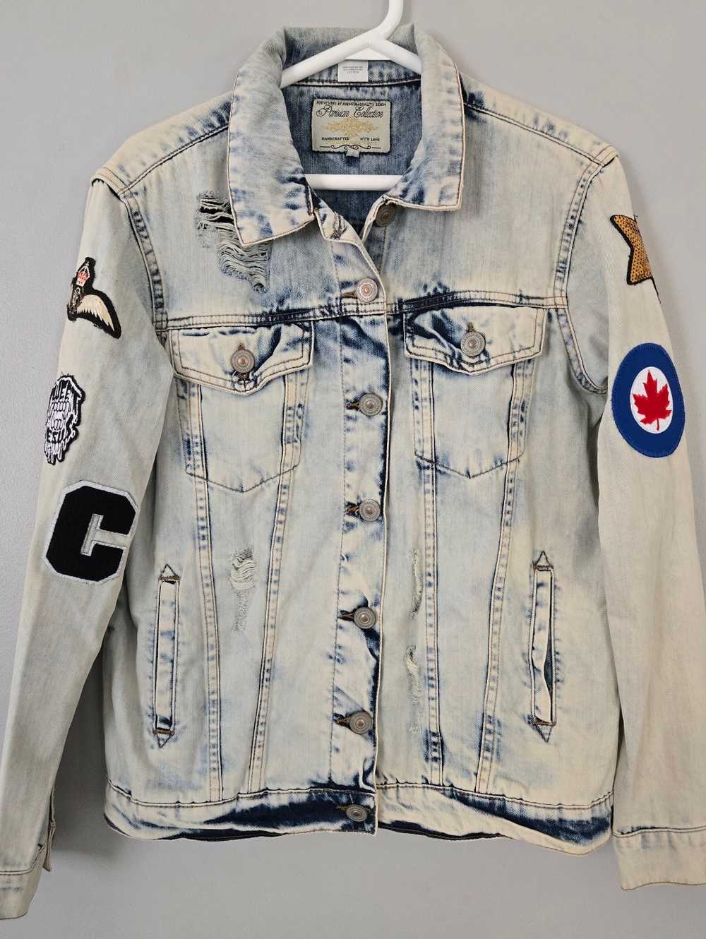 Parisian Collection Light Washed Distressed‎ Denim Jacket  With Patches Size 10